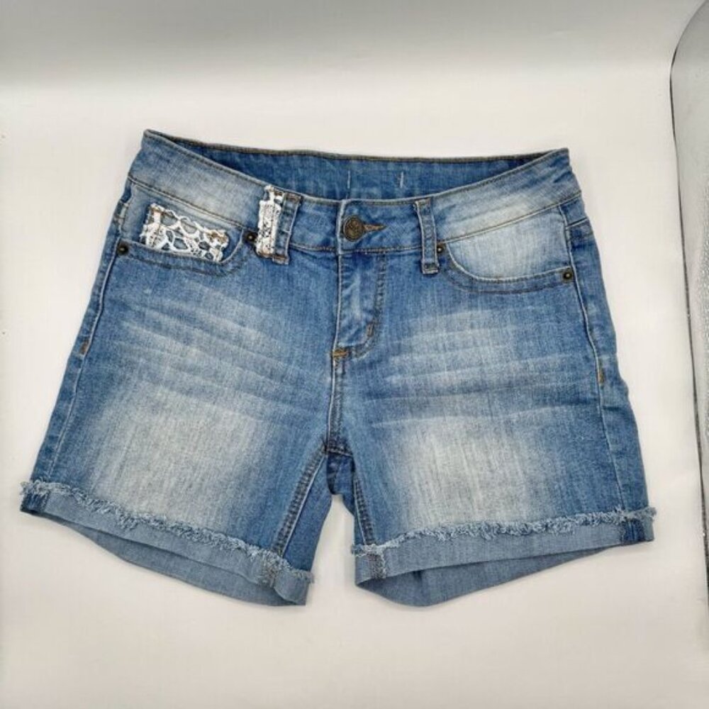 Soundgirl Jean Shorts Size 7 Juniors Lace Back Pockets Frayed Hem Stretch Denim